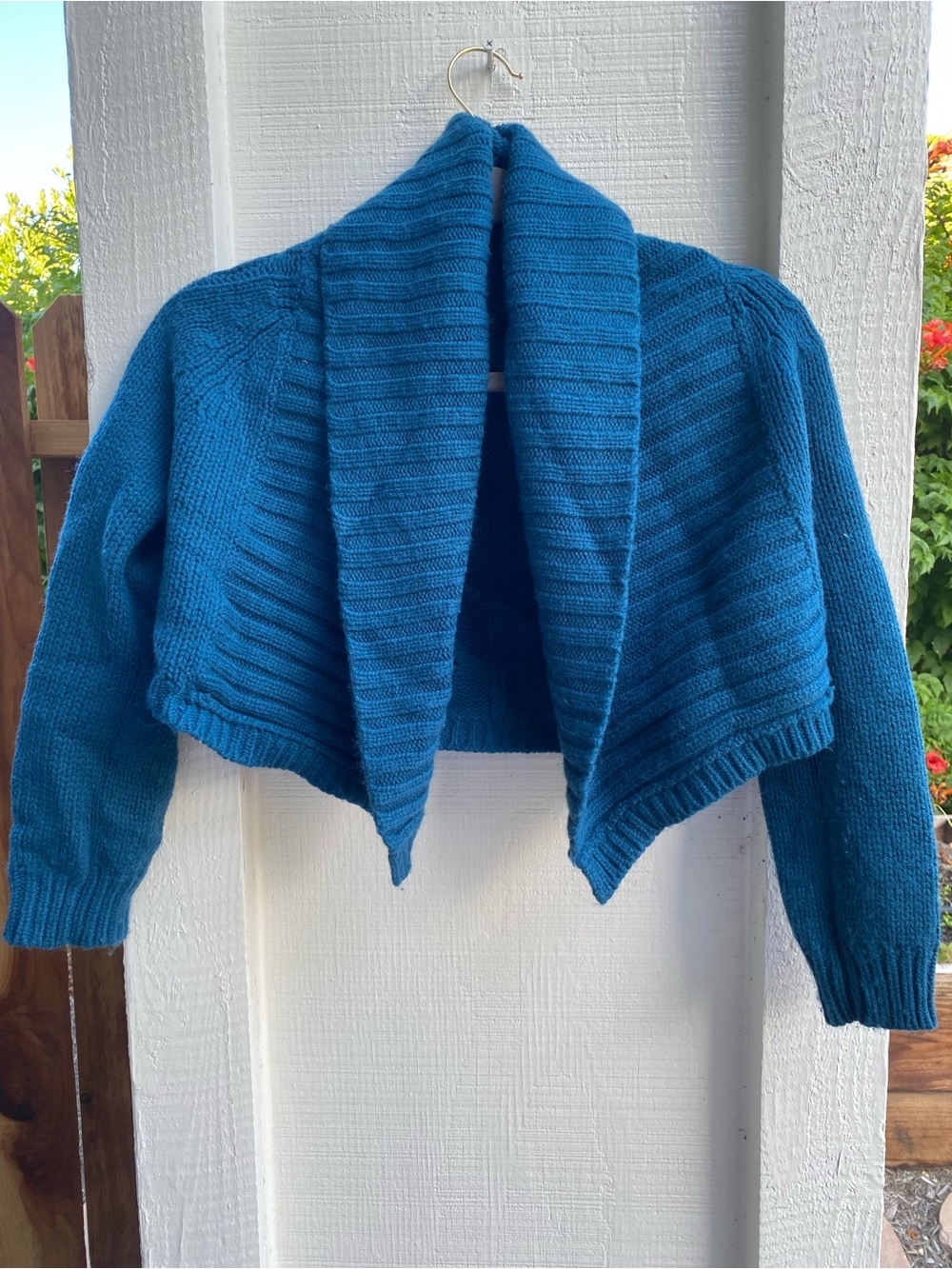 Vintage Express Teal Wool Blend Cable Knit Cropped Shrug Sweater Cardigan - Sz S